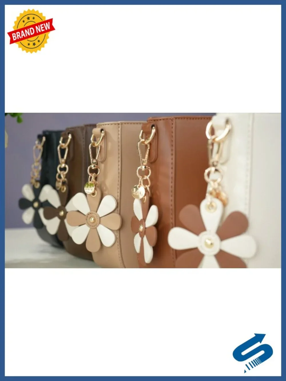 Convertible Shoulder Bag with Detachable Strap & Floral Charm